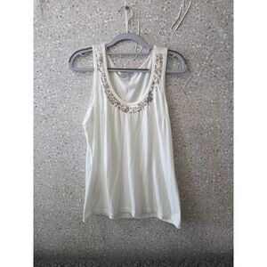 Bogari‎ Women's Silk Cotton Embellished Tank Top L Ivory Sleeveless Beaded...